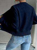 Cropped cable knit button up cardigan with gold-tone buttons and crew neck - view 26