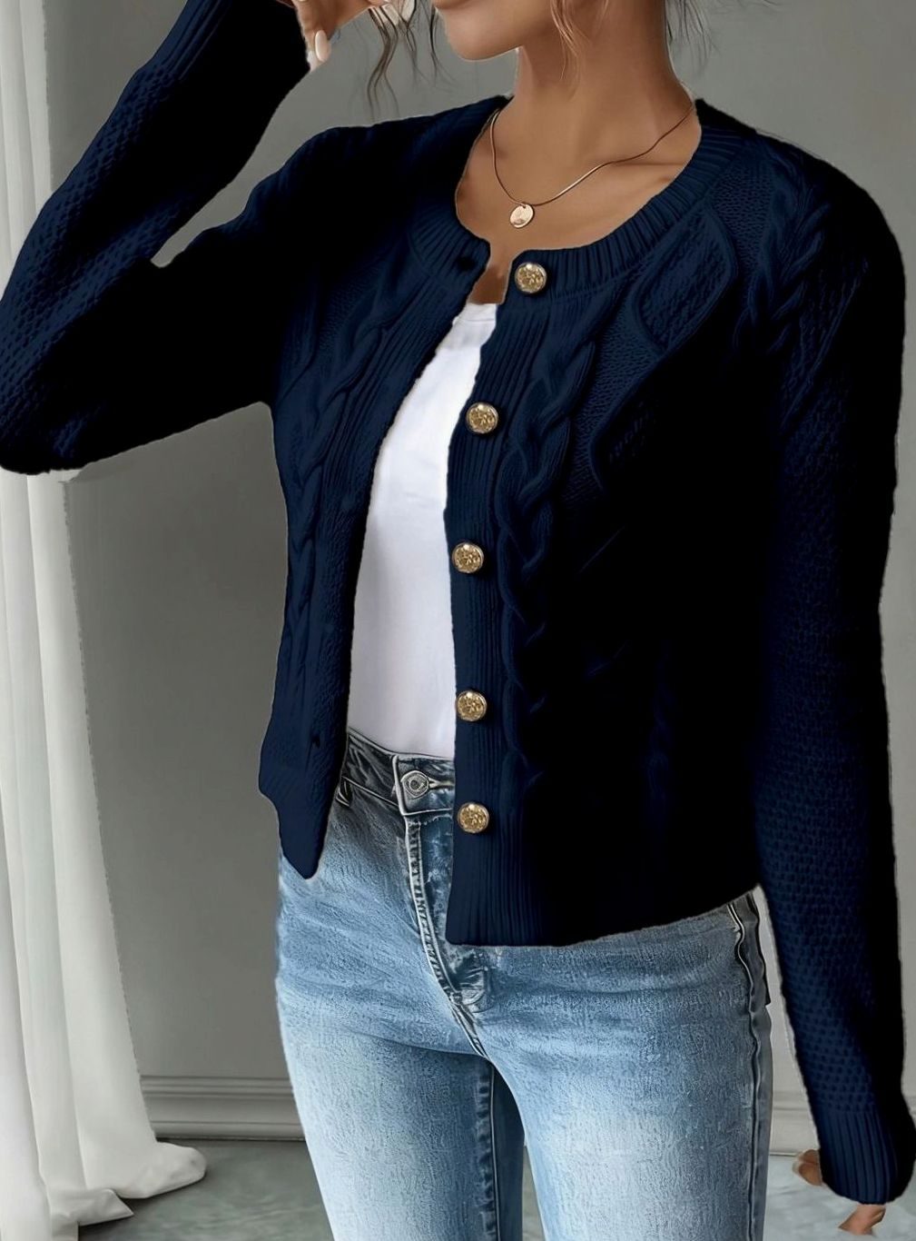 Cropped cable knit button up cardigan with gold-tone buttons and crew neck - view 27