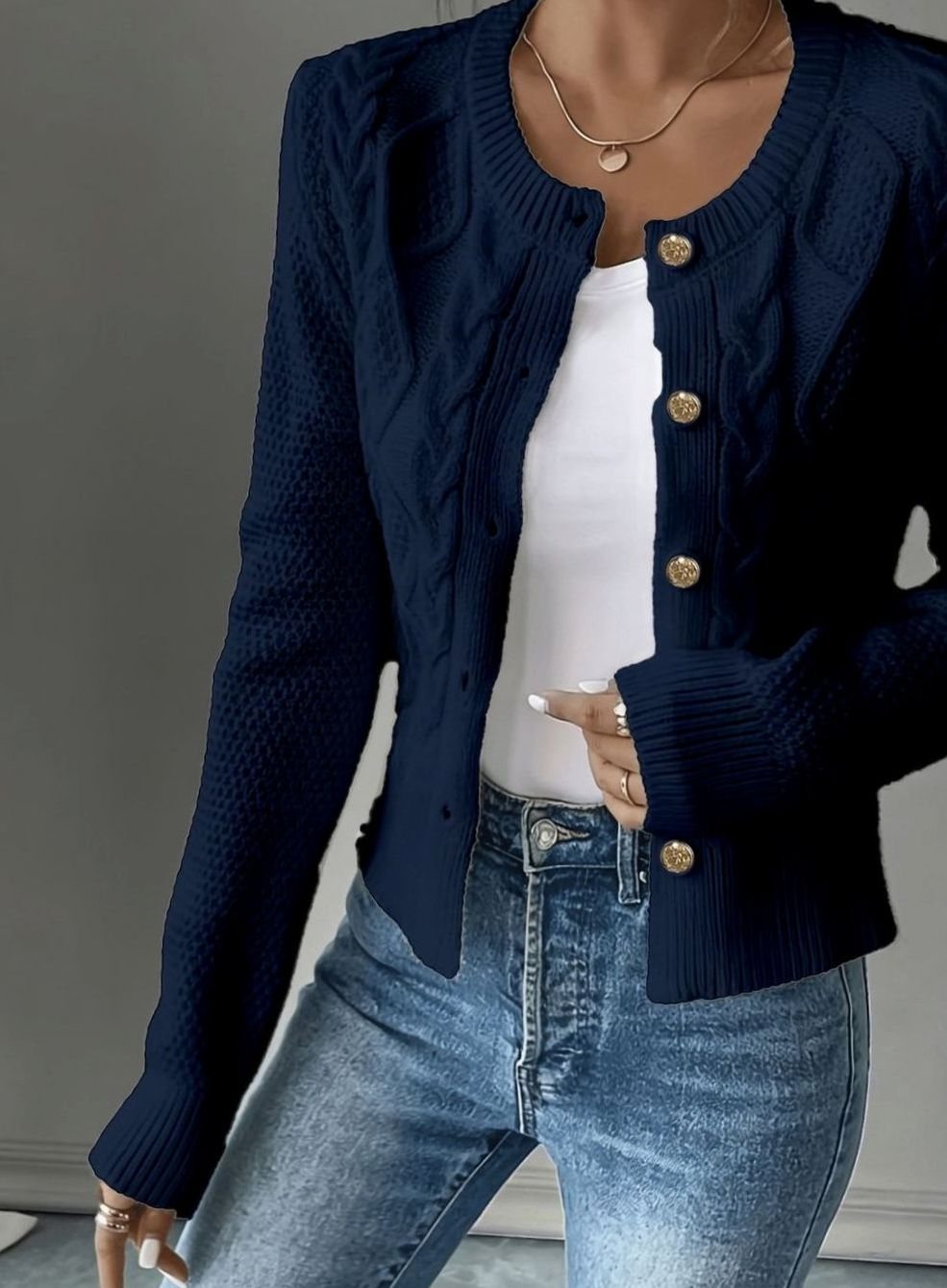 Cropped cable knit button up cardigan with gold-tone buttons and crew neck - view 28
