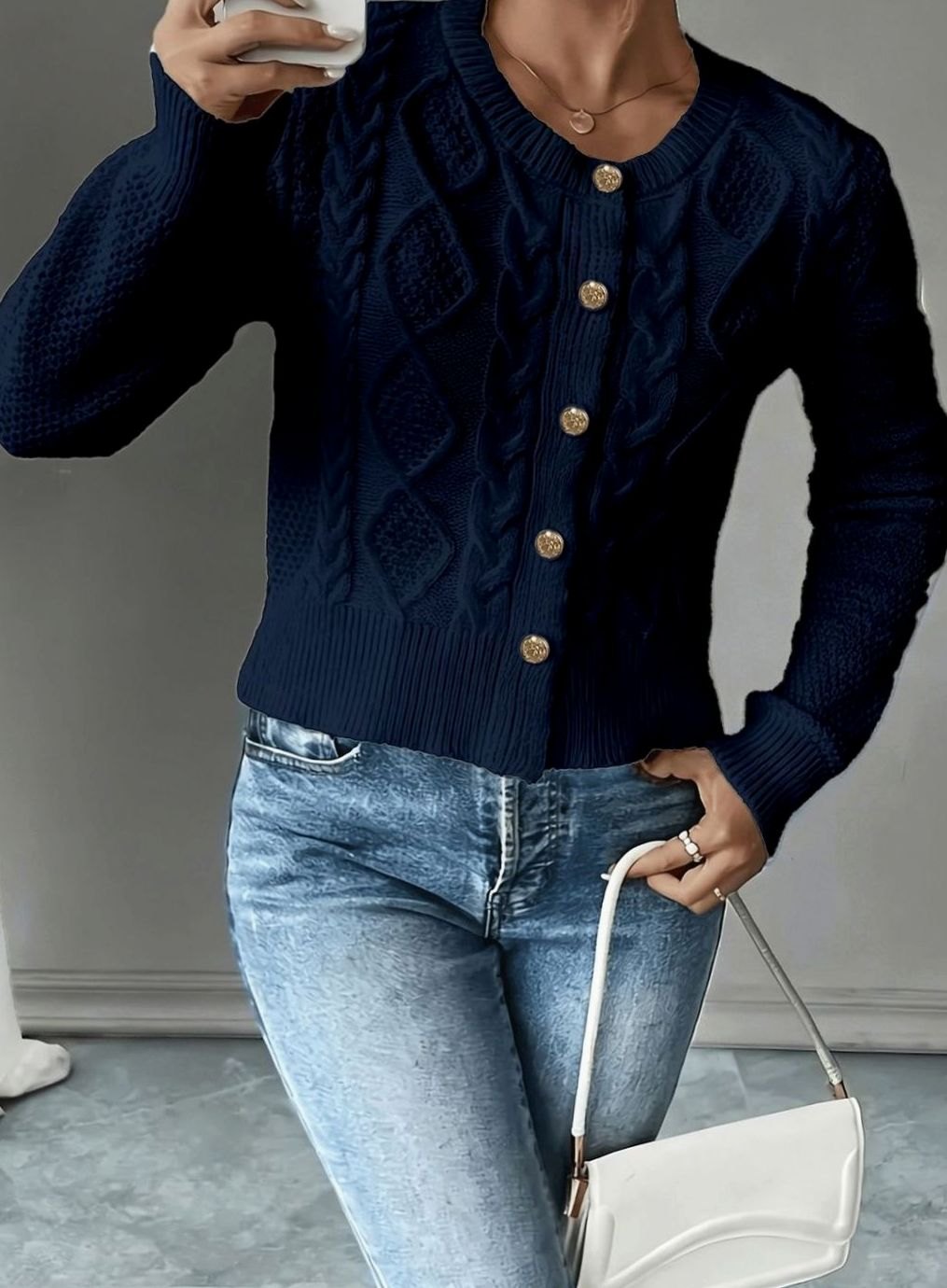 Cropped cable knit button up cardigan with gold-tone buttons and crew neck - view 29