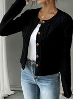 Cropped cable knit button up cardigan with gold-tone buttons and crew neck - view 3