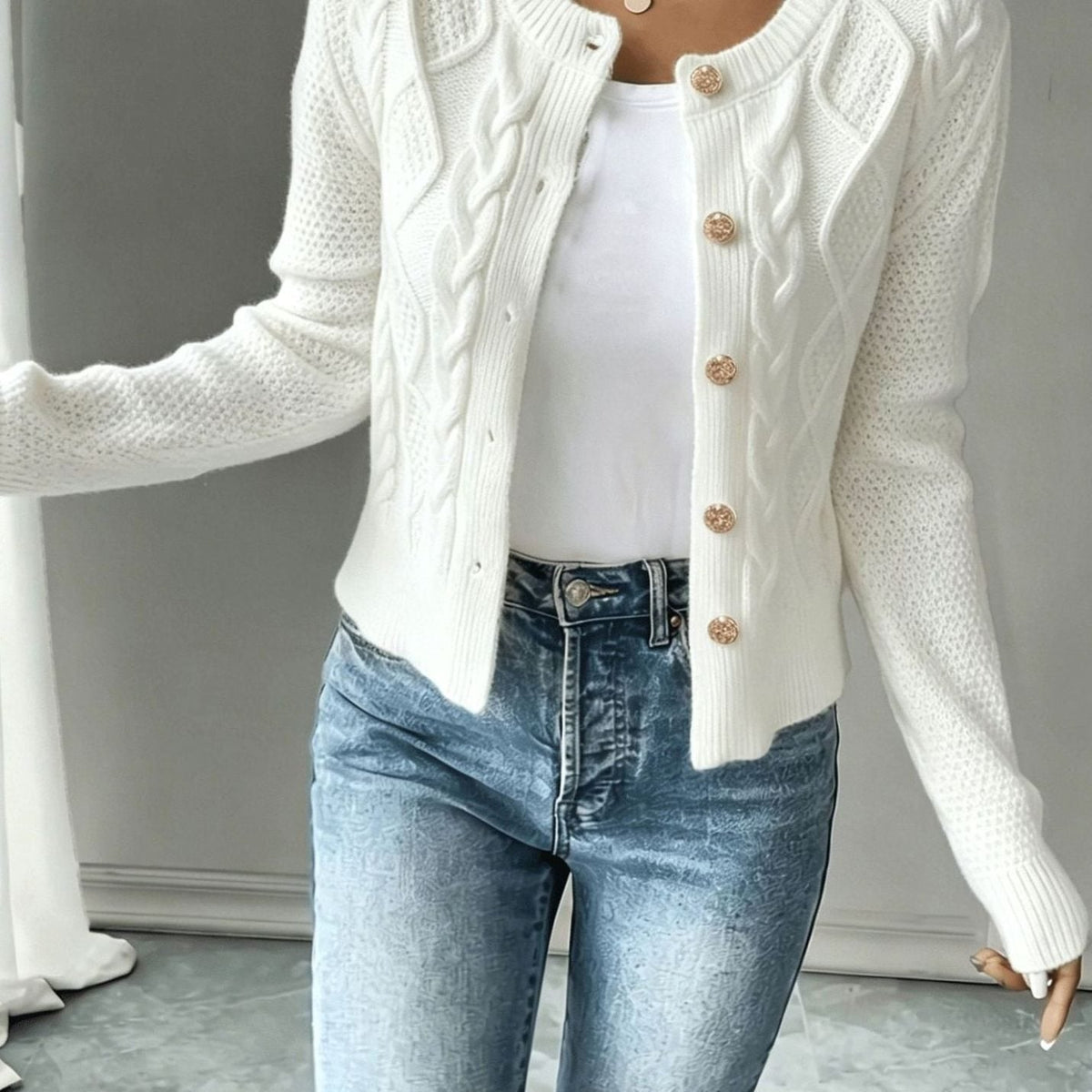 Cropped cable knit button up cardigan with gold-tone buttons and crew neck - view 30