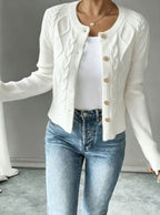 Cropped cable knit button up cardigan with gold-tone buttons and crew neck - view 31