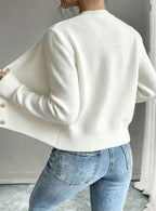 Cropped cable knit button up cardigan with gold-tone buttons and crew neck - view 32