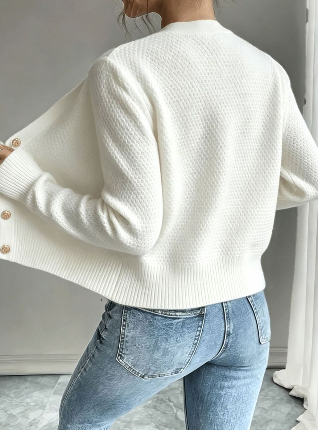 Cropped cable knit button up cardigan with gold-tone buttons and crew neck - view 32