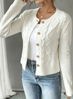 Cropped cable knit button up cardigan with gold-tone buttons and crew neck - view 33