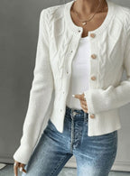 Cropped cable knit button up cardigan with gold-tone buttons and crew neck - view 34