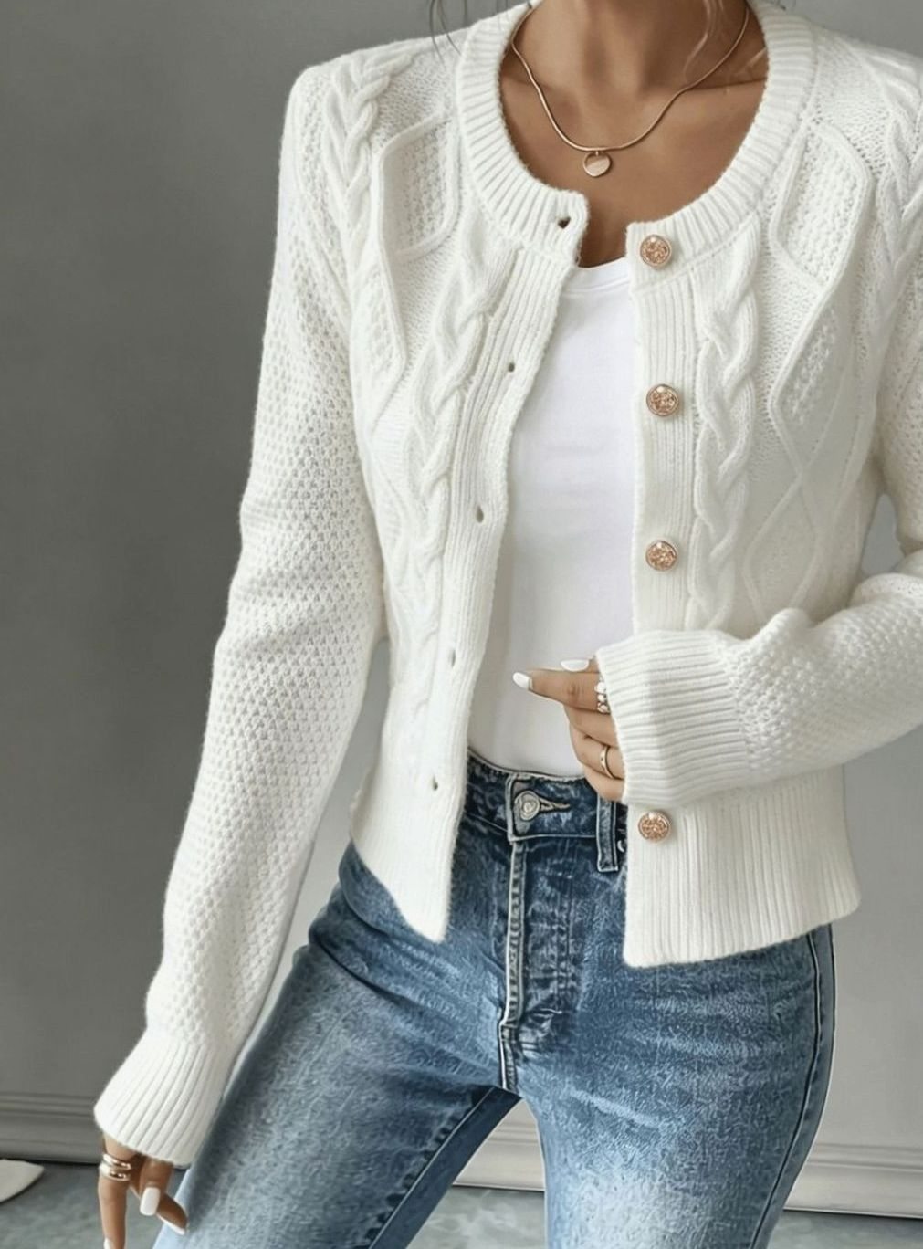 Cropped cable knit button up cardigan with gold-tone buttons and crew neck - view 34