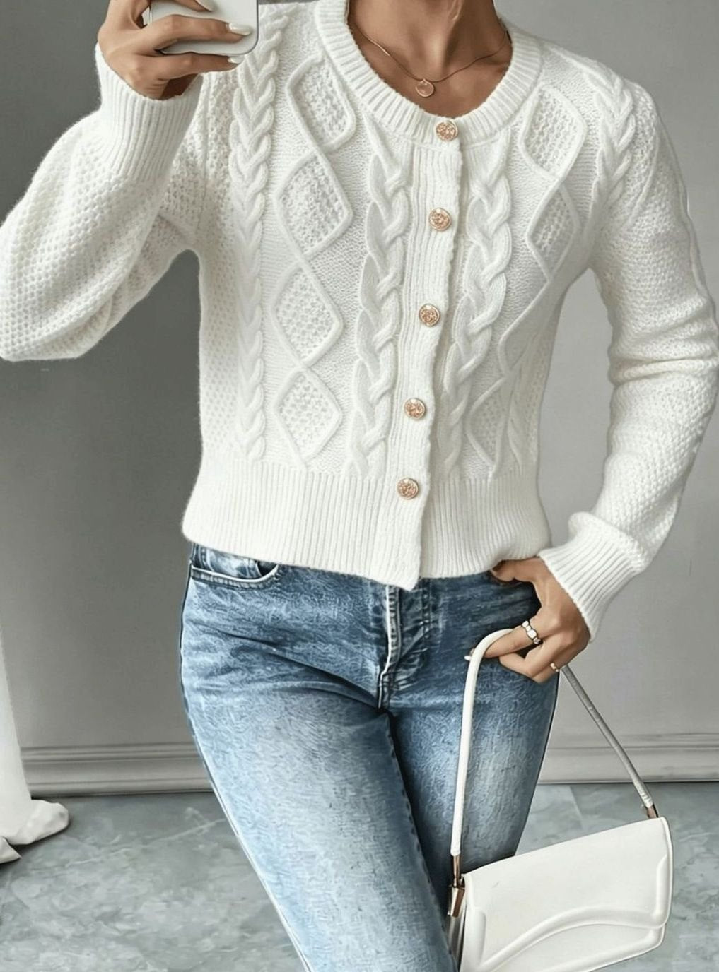 Cropped cable knit button up cardigan with gold-tone buttons and crew neck - view 35