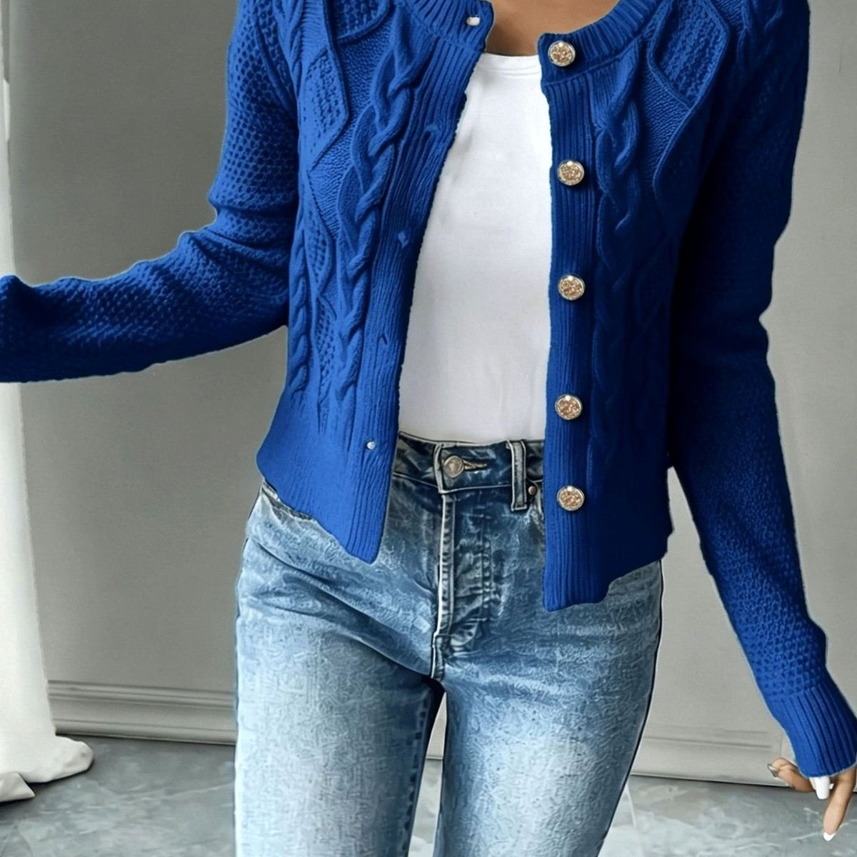 Cropped cable knit button up cardigan with gold-tone buttons and crew neck - view 36