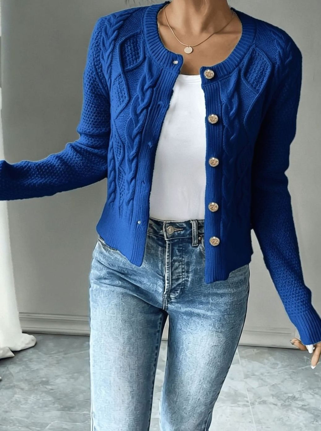 Cropped cable knit button up cardigan with gold-tone buttons and crew neck - view 37