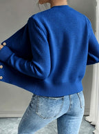Cropped cable knit button up cardigan with gold-tone buttons and crew neck - view 38