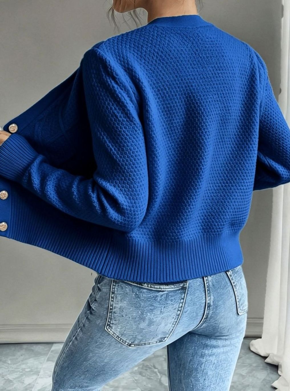 Cropped cable knit button up cardigan with gold-tone buttons and crew neck - view 38