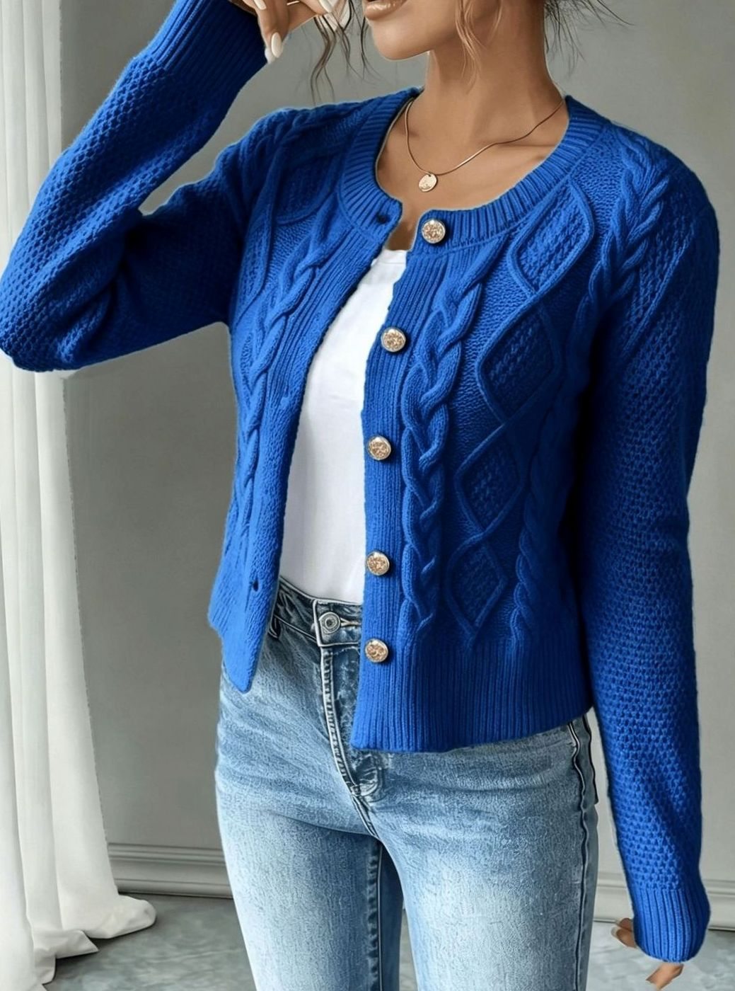 Cropped cable knit button up cardigan with gold-tone buttons and crew neck - view 39