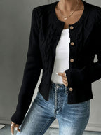 Cropped cable knit button up cardigan with gold-tone buttons and crew neck - view 4