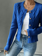 Cropped cable knit button up cardigan with gold-tone buttons and crew neck - view 40