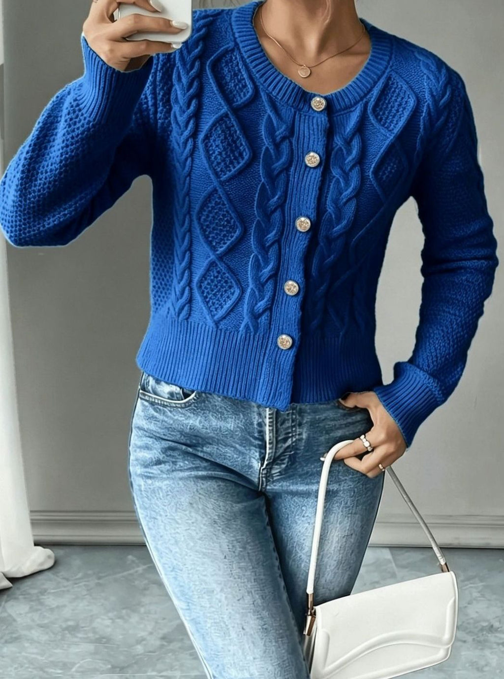 Cropped cable knit button up cardigan with gold-tone buttons and crew neck - view 41