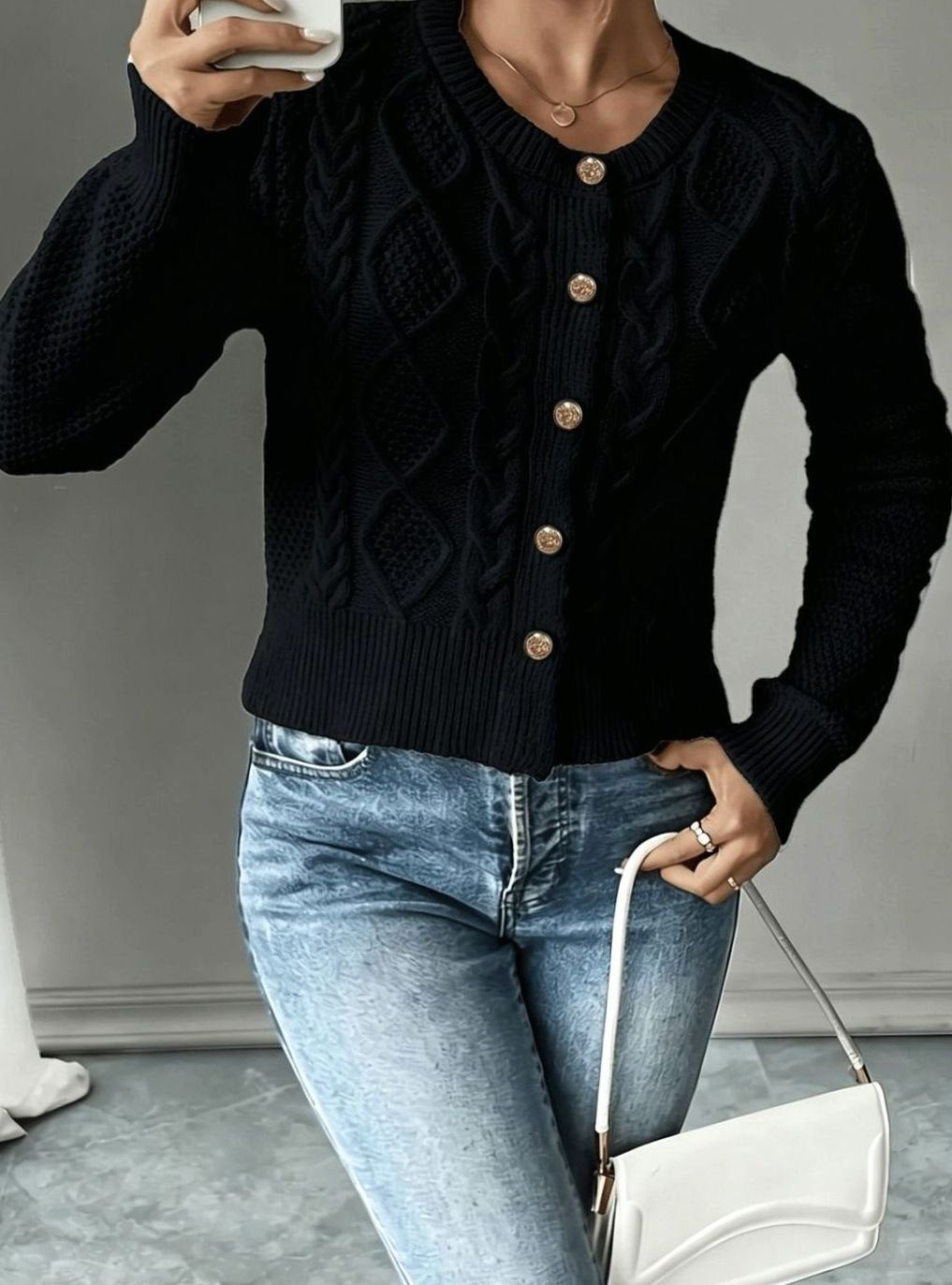 Cropped cable knit button up cardigan with gold-tone buttons and crew neck - view 5