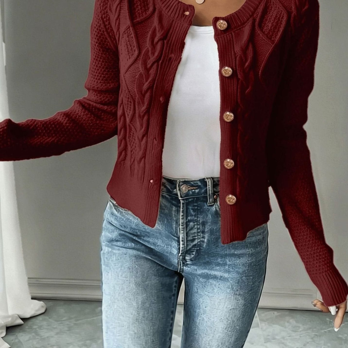 Cropped cable knit button up cardigan with gold-tone buttons and crew neck - view 6