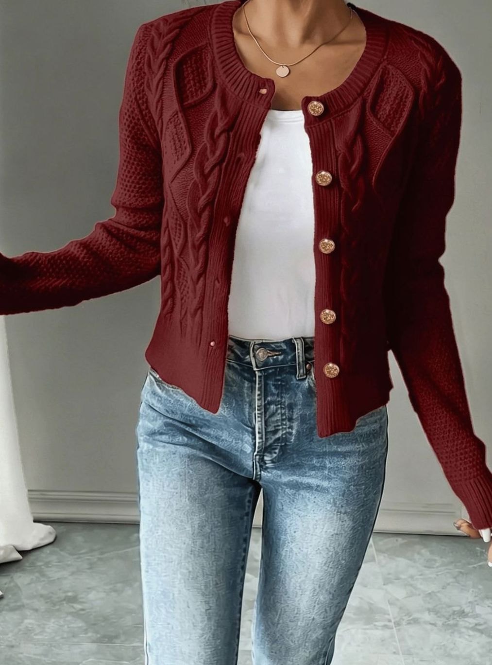 Cropped cable knit button up cardigan with gold-tone buttons and crew neck - view 7