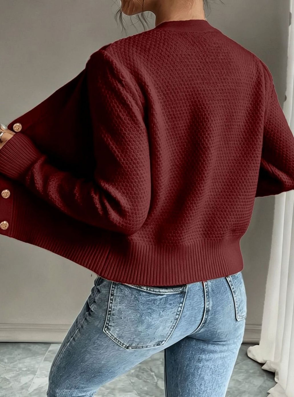 Cropped cable knit button up cardigan with gold-tone buttons and crew neck - view 8