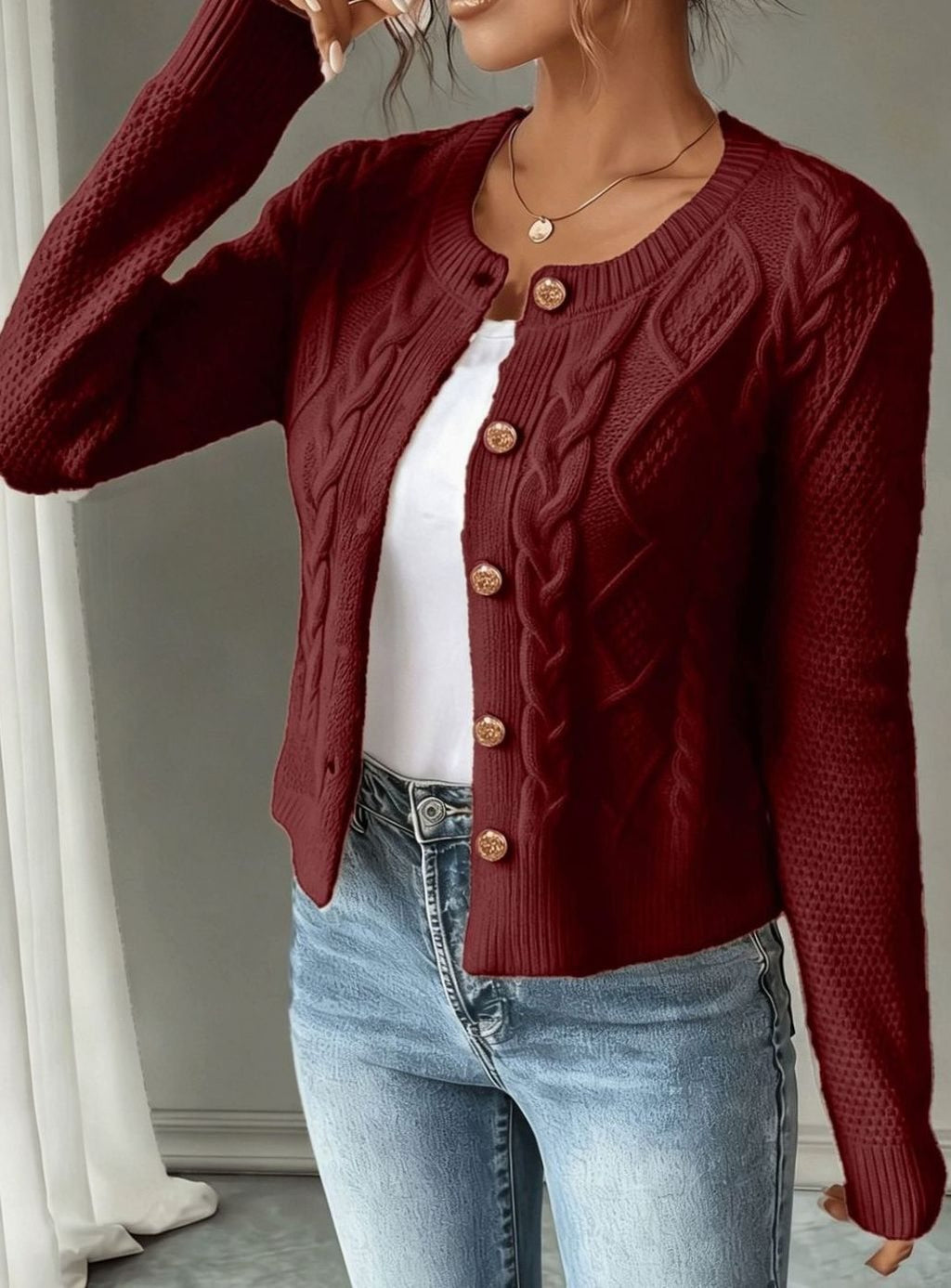 Cropped cable knit button up cardigan with gold-tone buttons and crew neck - view 9