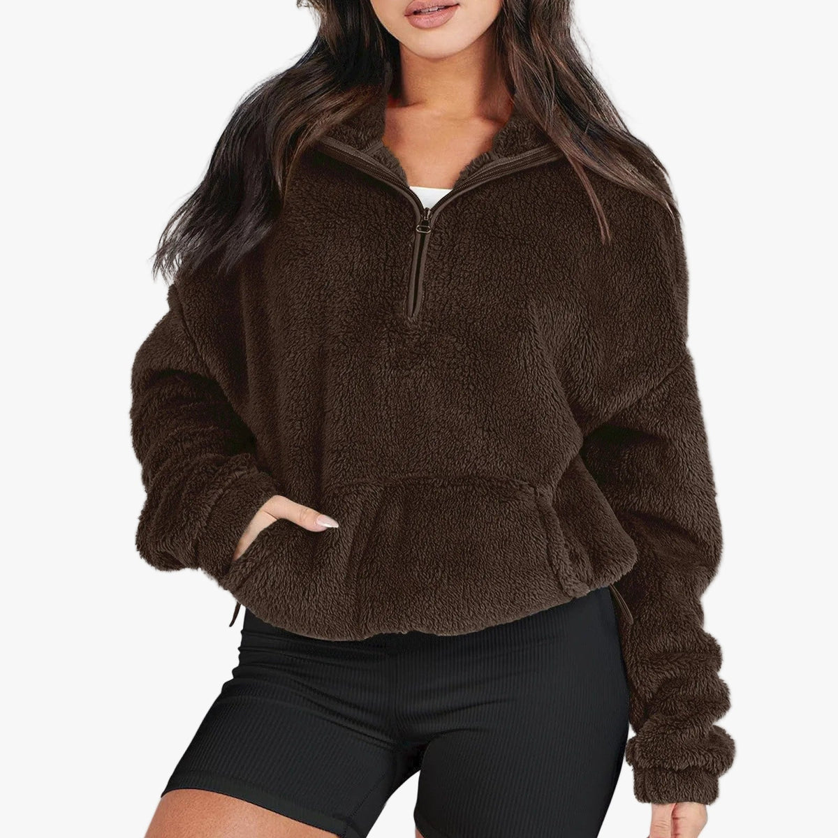 Women's teddy fleece quarter zip sweater with stand collar and kangaroo pocket