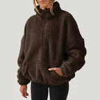 Women's teddy fleece quarter zip sweater with stand collar and kangaroo pocket - view 2