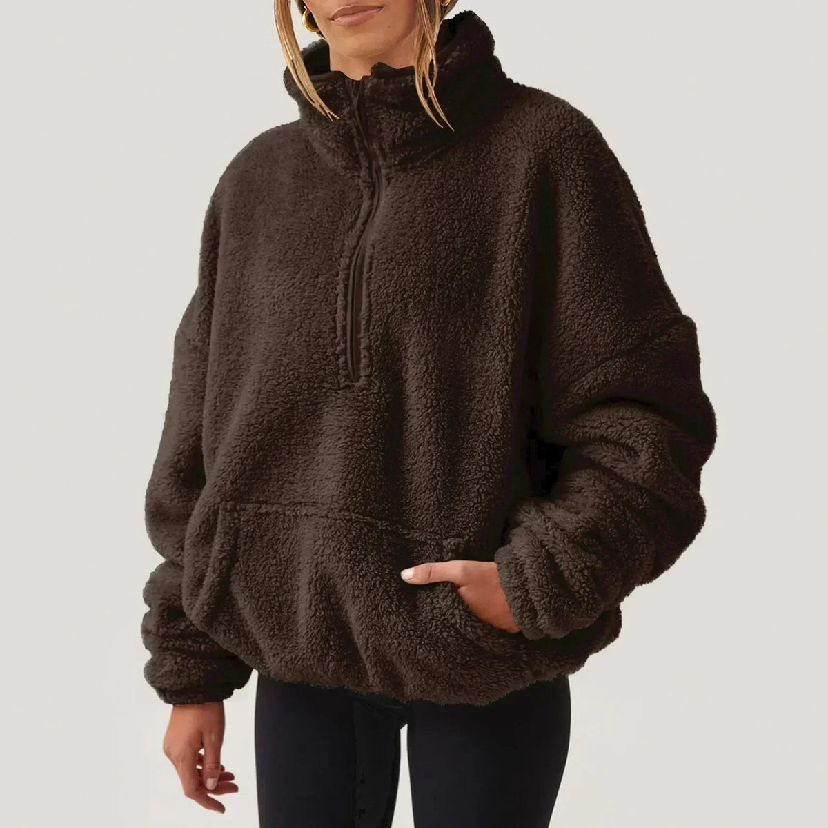 Women's teddy fleece quarter zip sweater with stand collar and kangaroo pocket - view 2