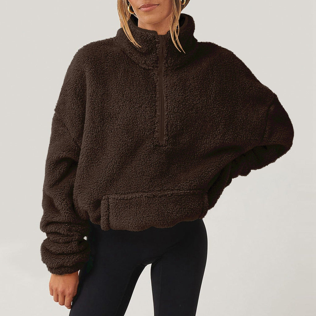Women's teddy fleece quarter zip sweater with stand collar and kangaroo pocket - view 3
