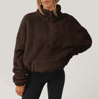 Women's teddy fleece quarter zip sweater with stand collar and kangaroo pocket - view 3