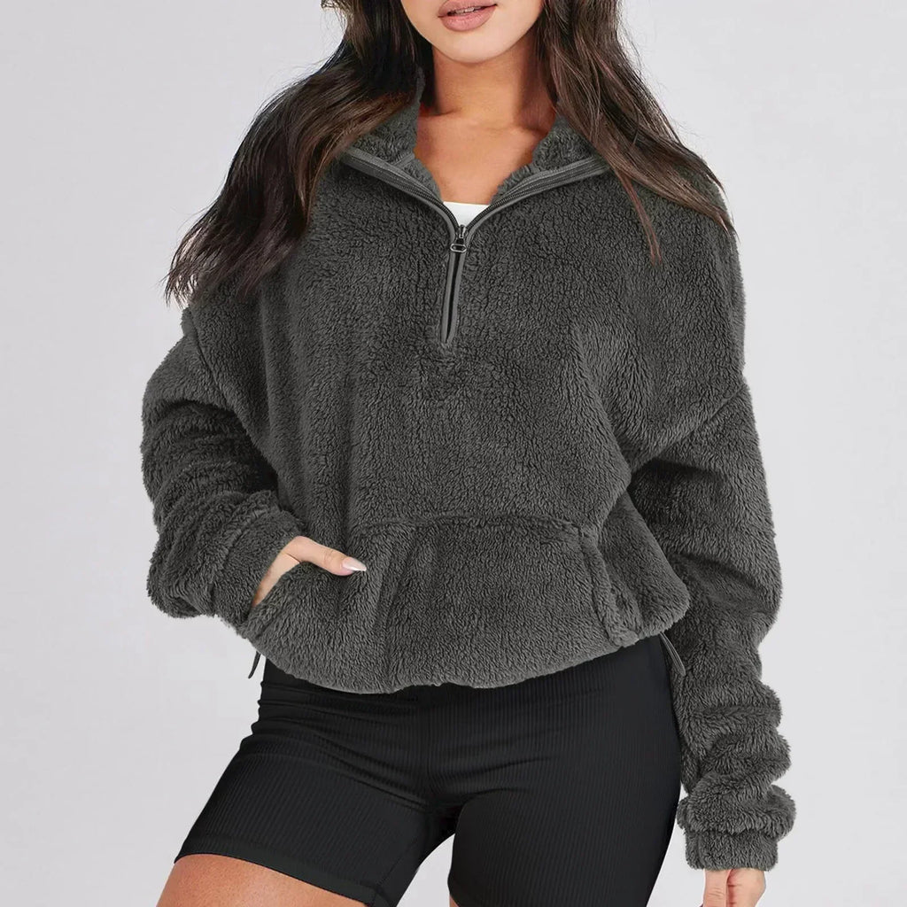 Women's teddy fleece quarter zip sweater with stand collar and kangaroo pocket - view 4