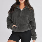 Women's teddy fleece quarter zip sweater with stand collar and kangaroo pocket - view 4