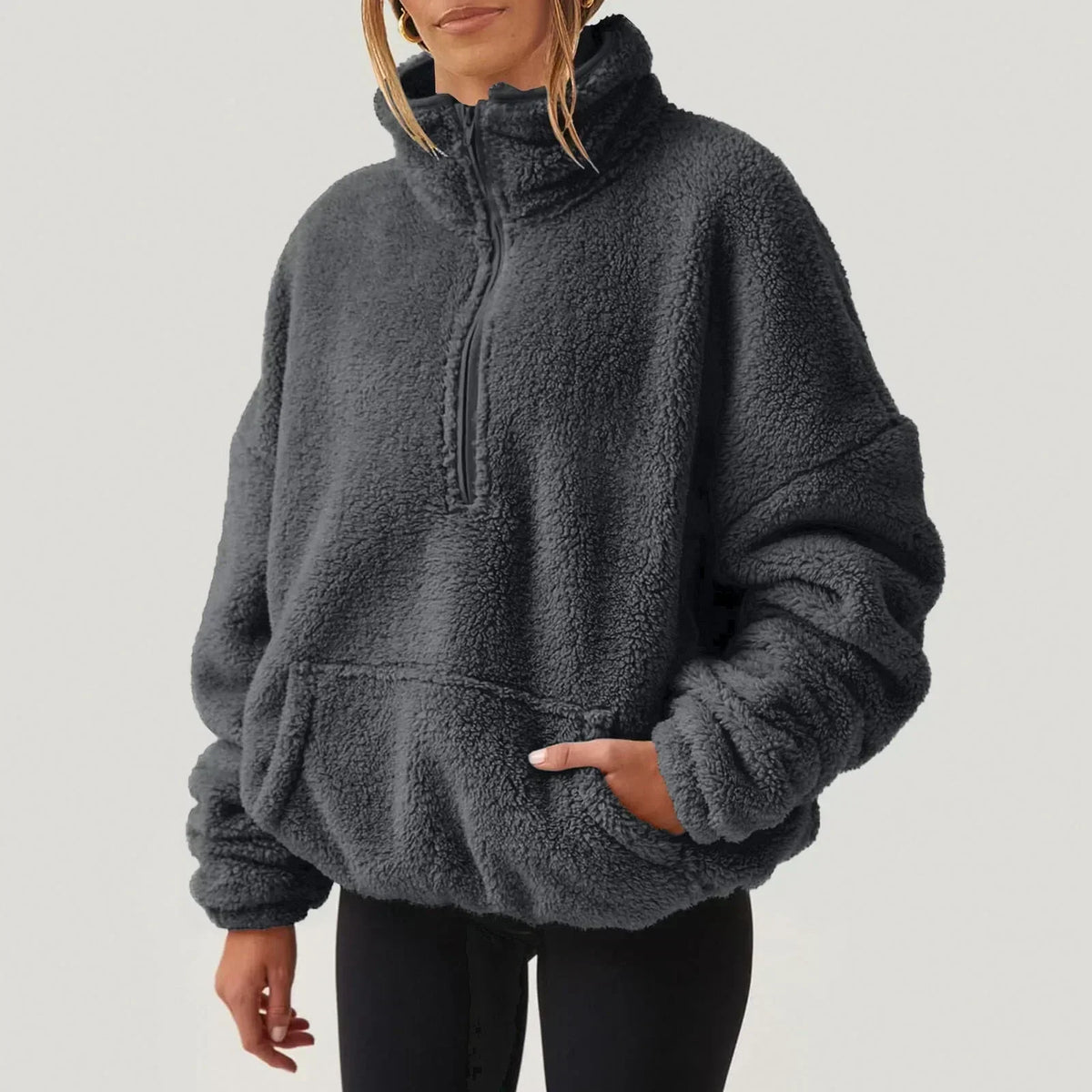 Women's teddy fleece quarter zip sweater with stand collar and kangaroo pocket - view 5
