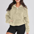 Women's teddy fleece quarter zip sweater with stand collar and kangaroo pocket - view 6