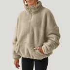 Women's teddy fleece quarter zip sweater with stand collar and kangaroo pocket - view 7