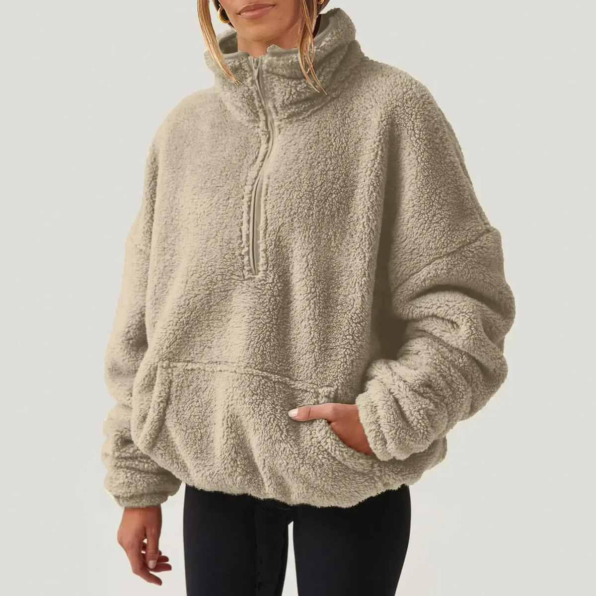 Women's teddy fleece quarter zip sweater with stand collar and kangaroo pocket - view 7