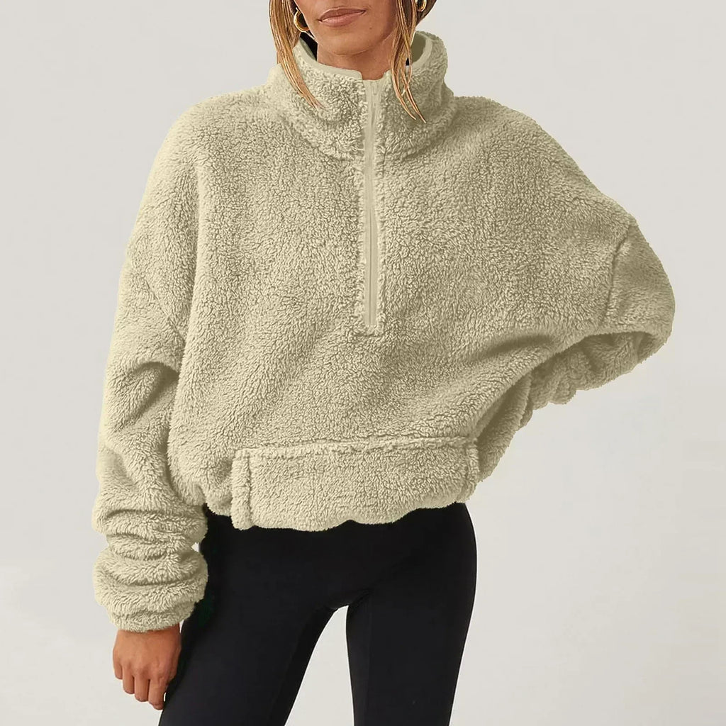 Women's teddy fleece quarter zip sweater with stand collar and kangaroo pocket - view 8