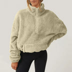 Women's teddy fleece quarter zip sweater with stand collar and kangaroo pocket - view 8