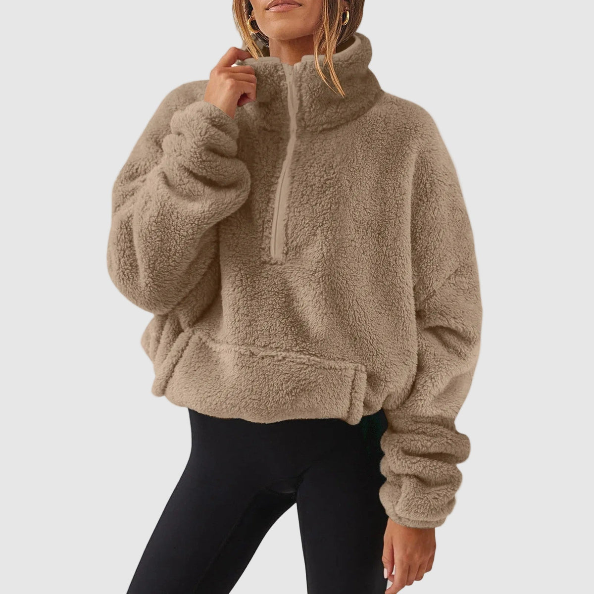 Women's teddy fleece quarter zip sweater with stand collar and kangaroo pocket - view 9