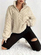 Women's plush fleece quarter zip sweater with cable texture and stand collar