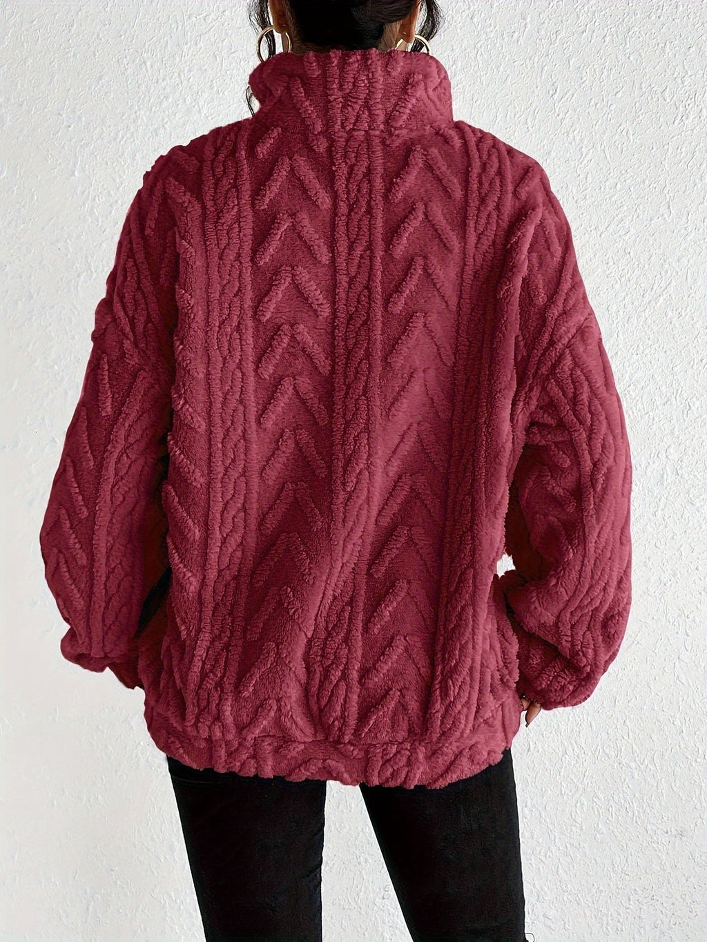 Women's plush fleece quarter zip sweater with cable texture and stand collar - view 10