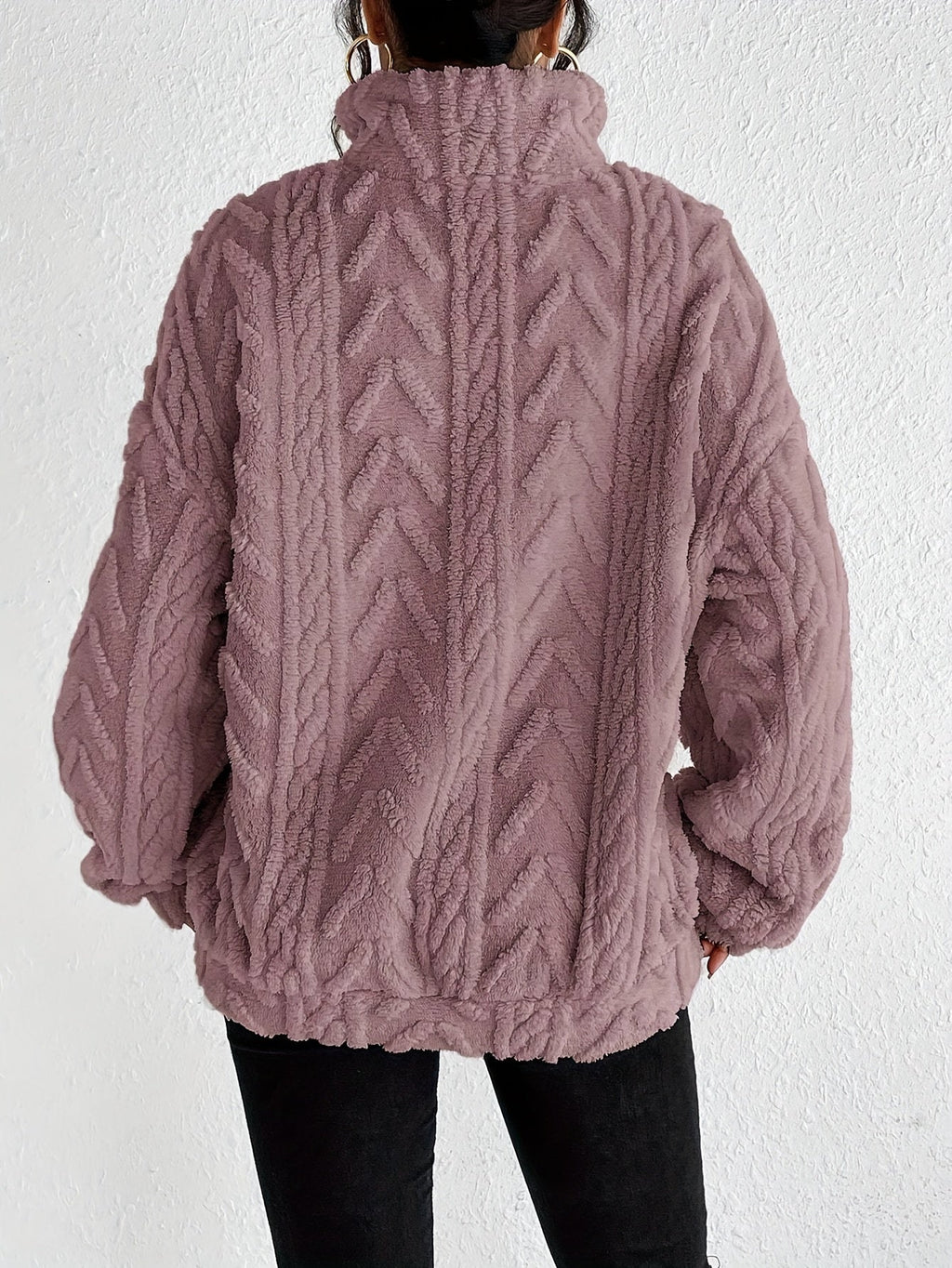 Women's plush fleece quarter zip sweater with cable texture and stand collar - view 11