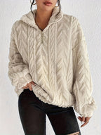 Women's plush fleece quarter zip sweater with cable texture and stand collar - view 2