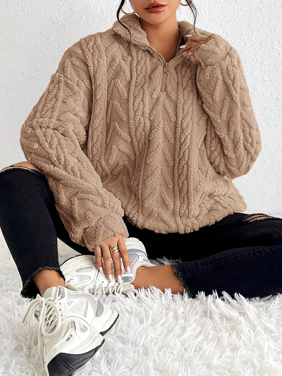 Women's plush fleece quarter zip sweater with cable texture and stand collar - view 3