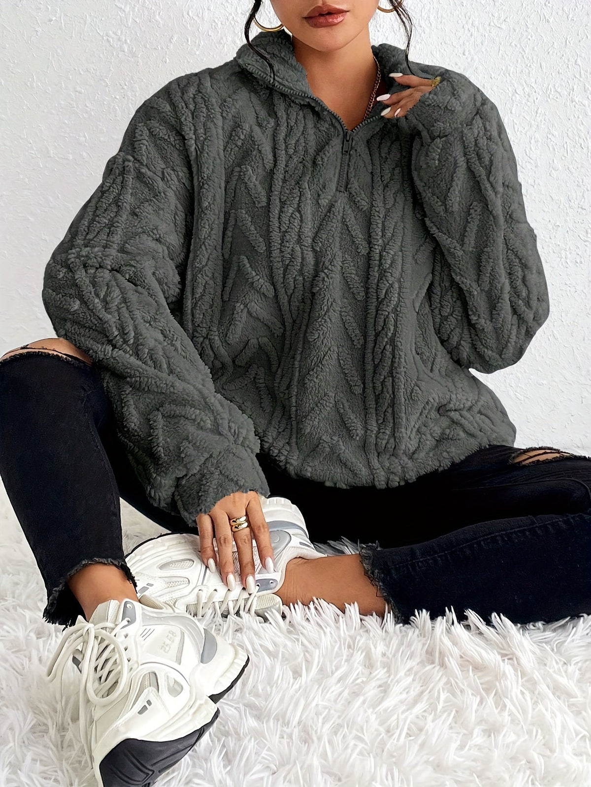 Women's plush fleece quarter zip sweater with cable texture and stand collar - view 4