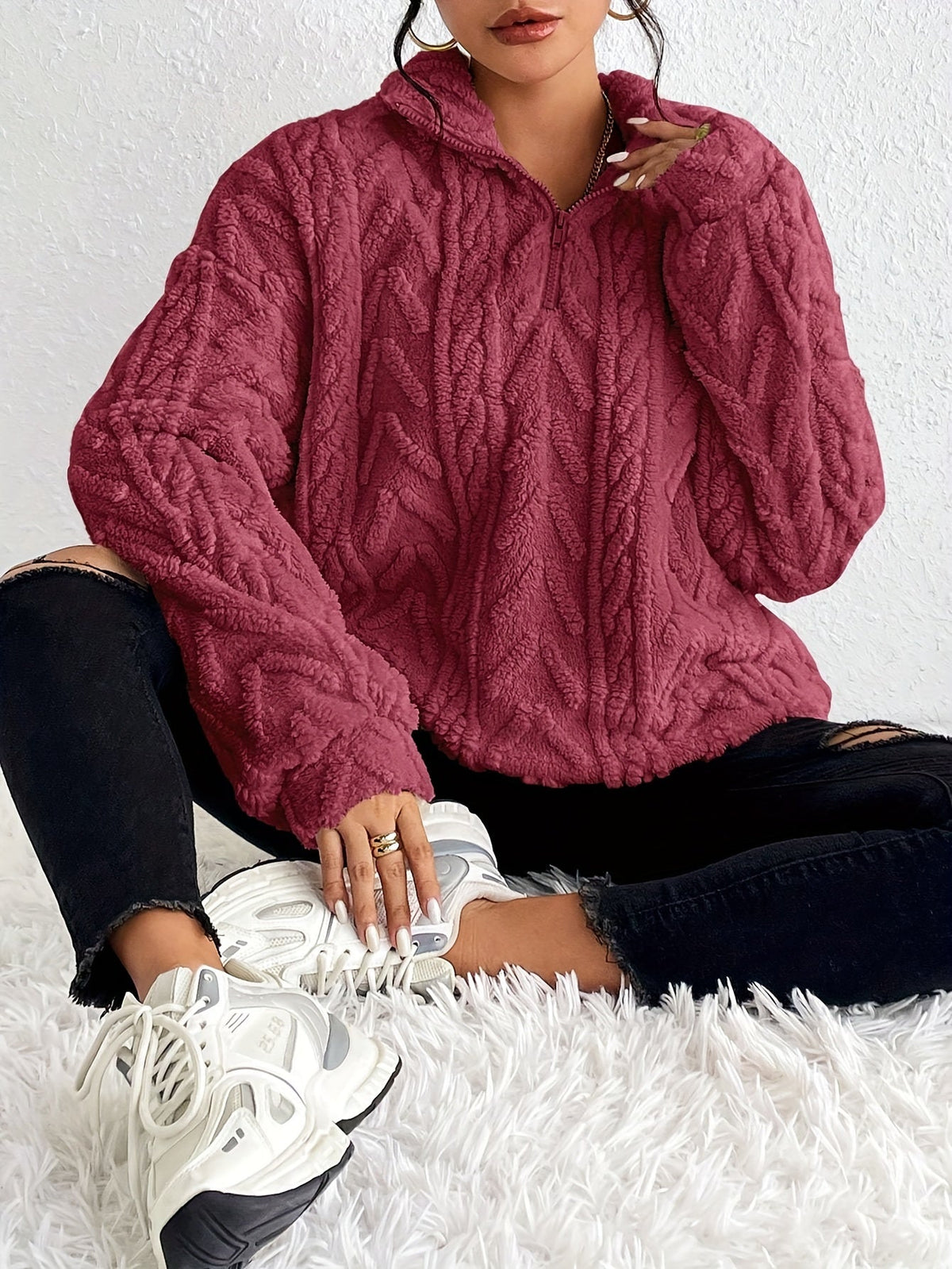 Women's plush fleece quarter zip sweater with cable texture and stand collar - view 5