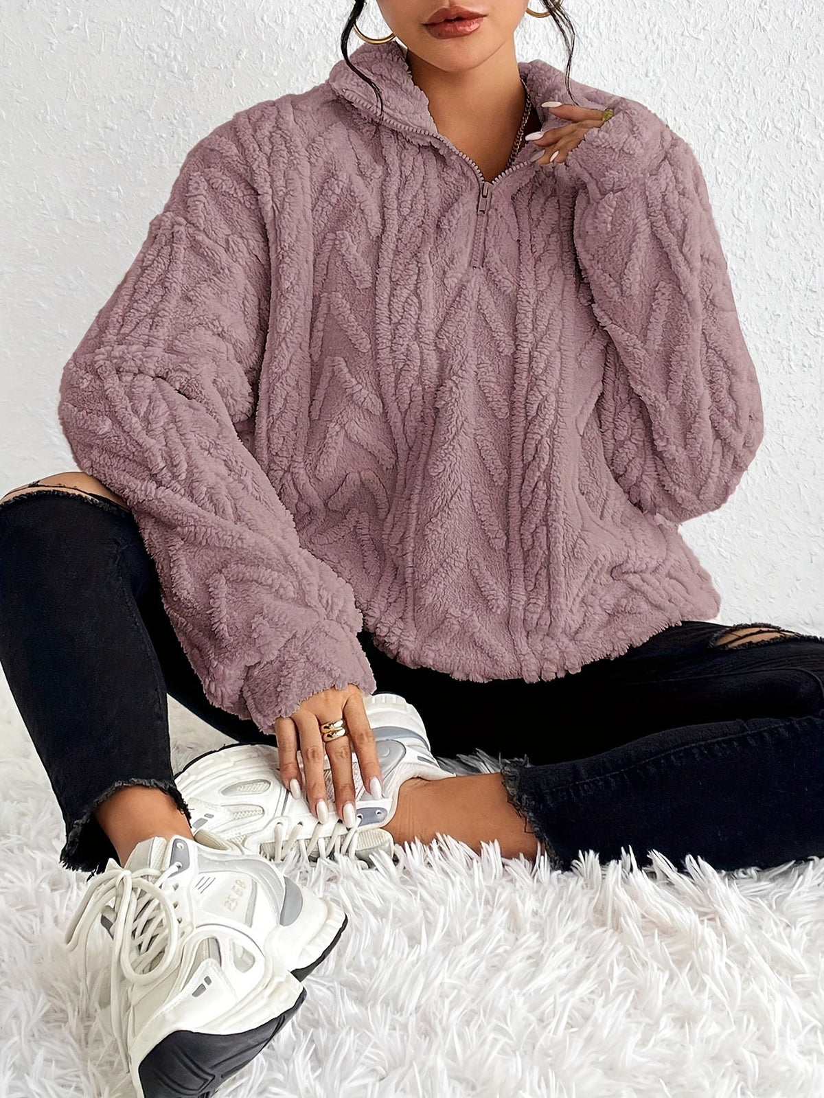 Women's plush fleece quarter zip sweater with cable texture and stand collar - view 6