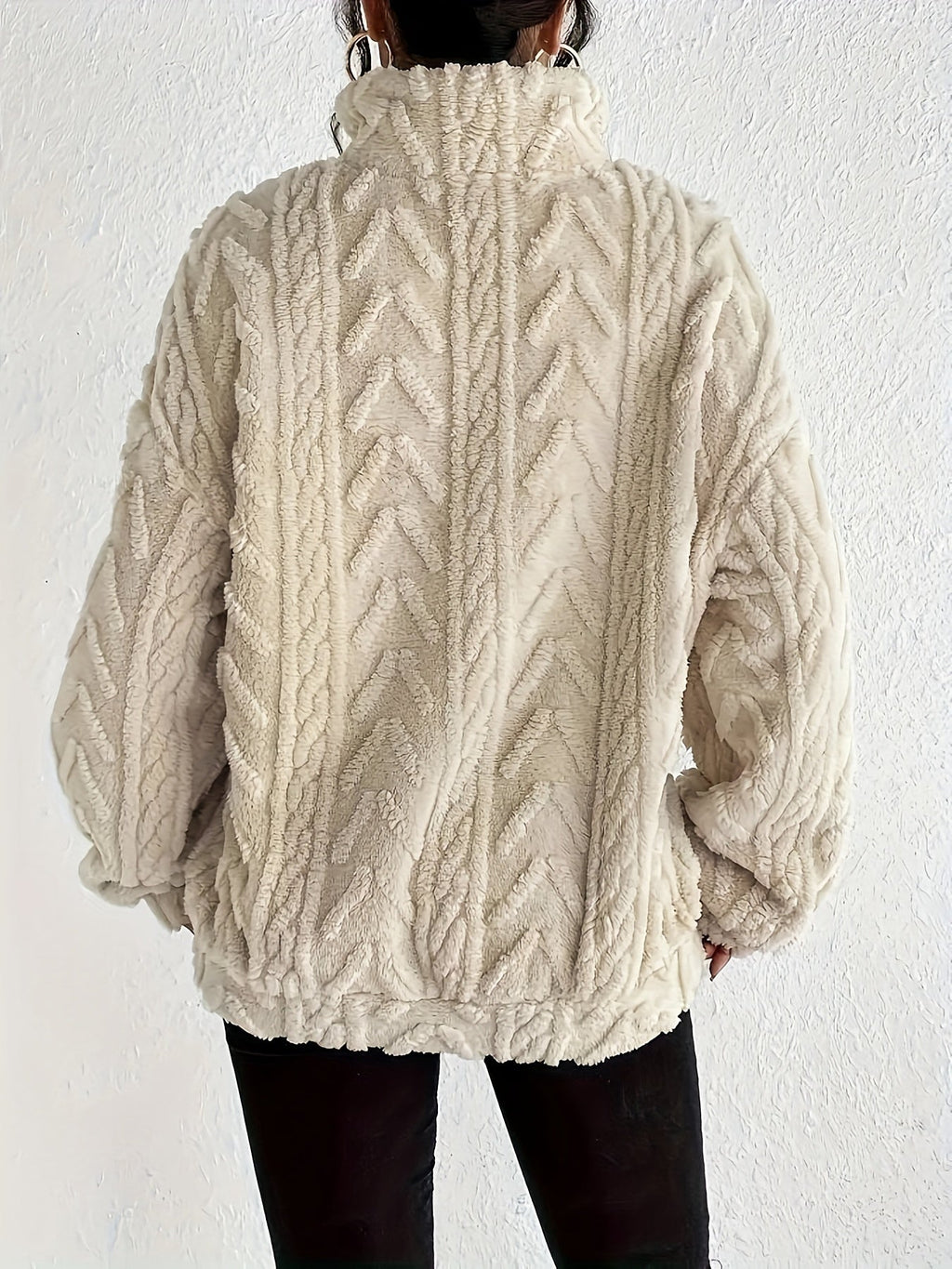 Women's plush fleece quarter zip sweater with cable texture and stand collar - view 7
