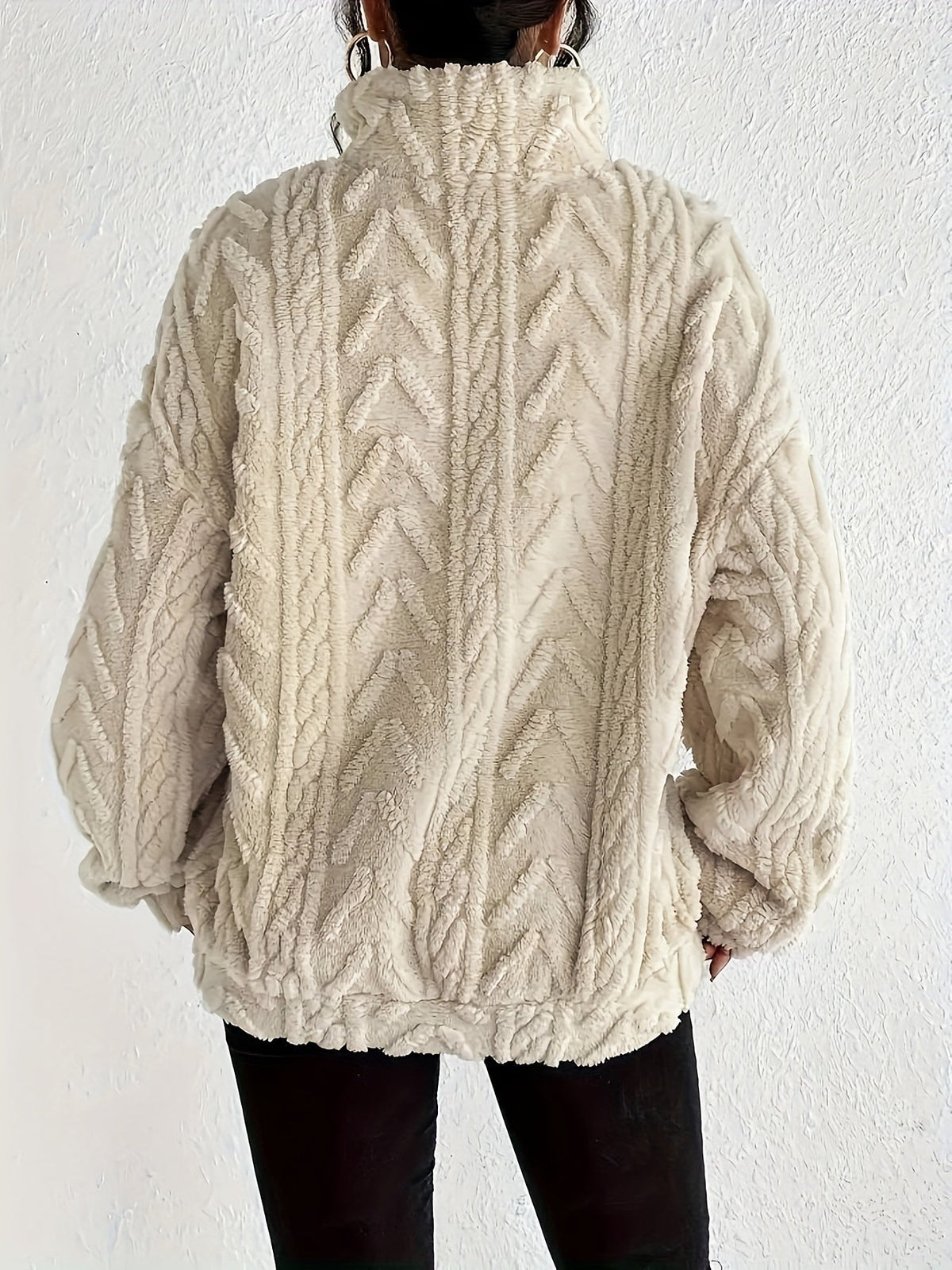 Women's plush fleece quarter zip sweater with cable texture and stand collar - view 7